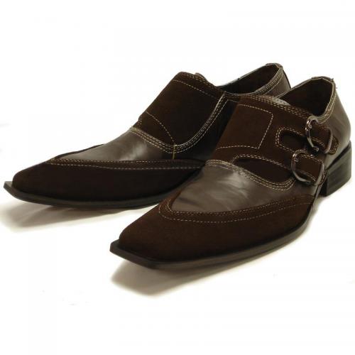 Fiesso Brown Leather Suede Loafer Shoes With Double Buckles FI8631